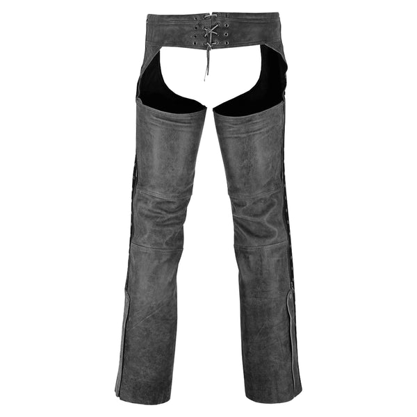 High Mileage Womens Vintage Distressed Gray Soft Goatskin Lady Biker Motorcycle Leather Chaps with Grommeted Twill and Lace