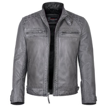 Men's Cafe Racer Waxed Lambskin Distressed Grey Motorcycle Leather Jacket - front zipper open
