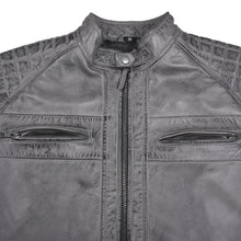 Men's Cafe Racer Waxed Lambskin Distressed Grey Motorcycle Leather Jacket - front chest pocket