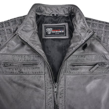 Men's Cafe Racer Waxed Lambskin Distressed Grey Motorcycle Leather Jacket - collar