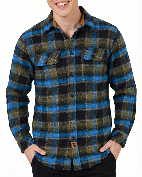 Ghost Throttle Plaid River Men's Long Sleeve Plaid Button Down Casual Flannel Shirt