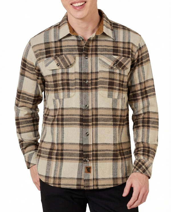 Ghost Throttle Men's Coffee & Cream Long Sleeve Plaid Button Down Casual Flannel Shirt