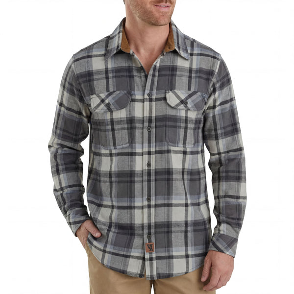 Ghost Throttle Men's Charcoal Checkered Long Sleeve Plaid Button Down Casual Flannel Shirt, Corduroy Collar & Cuffs