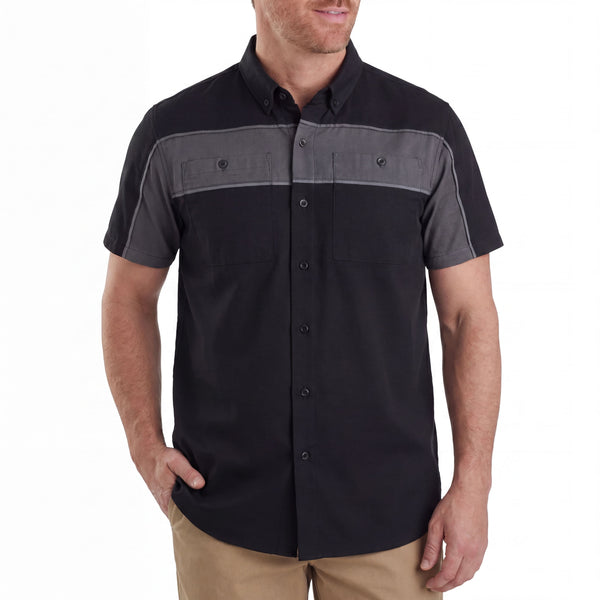 GhostThrottle Men's Black Grey Short Sleeve Button Down Two Pockets Soft Casual Shirt - front pose