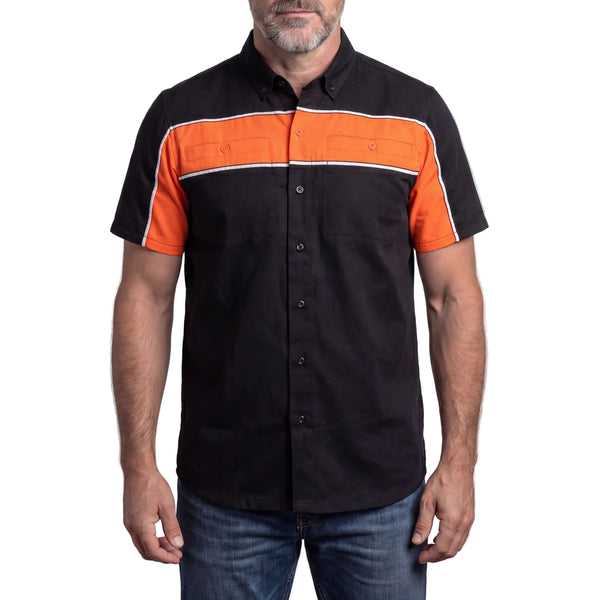 GhostThrottle Men's Black Orange Short Sleeve Button Down Two Pockets Soft Casual Shirt - front pose