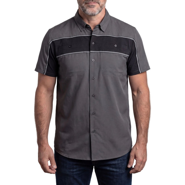 GhostThrottle Men's Grey Black Short Sleeve Button Down Two Pockets Soft Casual Shirt - front pose