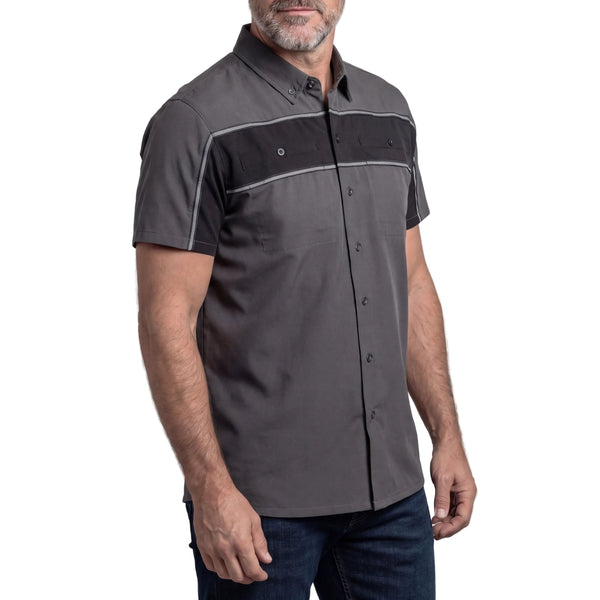 GhostThrottle Men's Grey Black Short Sleeve Button Down Two Pockets Soft Casual Shirt - side pose
