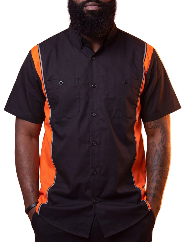 GhostThrottle Men's Button Front Garage Mechanics Shirt - orange/back - front