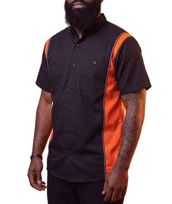 GhostThrottle Men's Button Front Garage Mechanics Shirt - orange/back - side