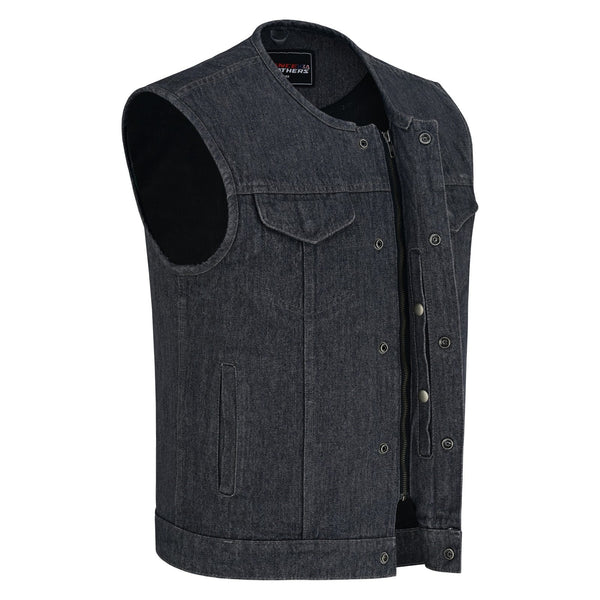 Men's Distressed Grey Denim Collarless Club Vest w Dual Front Closure & CCW Pockets