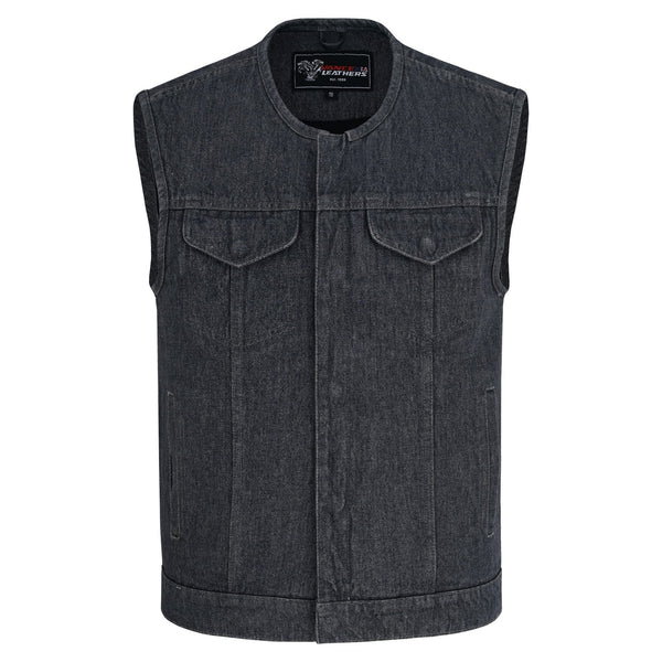 Men's Distressed Grey Denim Collarless Club Vest w Dual Front Closure & CCW Pockets