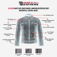 Men's Cafe Racer Waxed Lambskin Distressed Grey Motorcycle Leather Jacket - info graphics