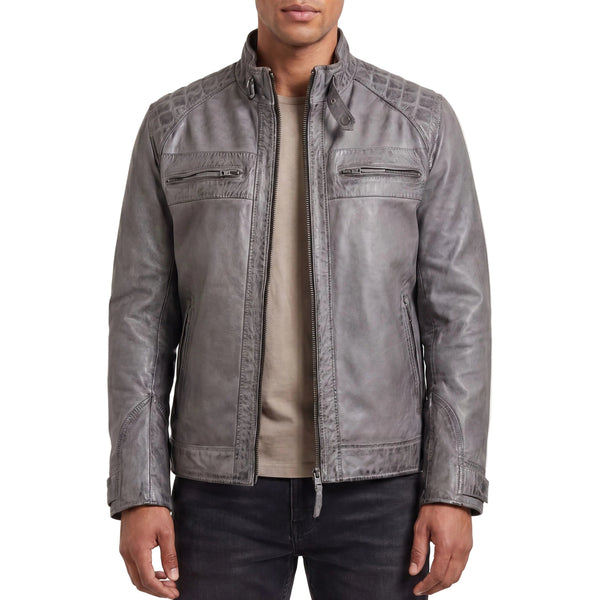 Men's Cafe Racer Waxed Lambskin Distressed Grey Motorcycle Leather Jacket - front pose