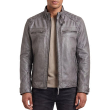 Men's Cafe Racer Waxed Lambskin Distressed Grey Motorcycle Leather Jacket - front pose