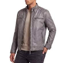 Men's Cafe Racer Waxed Lambskin Distressed Grey Motorcycle Leather Jacket - side pose