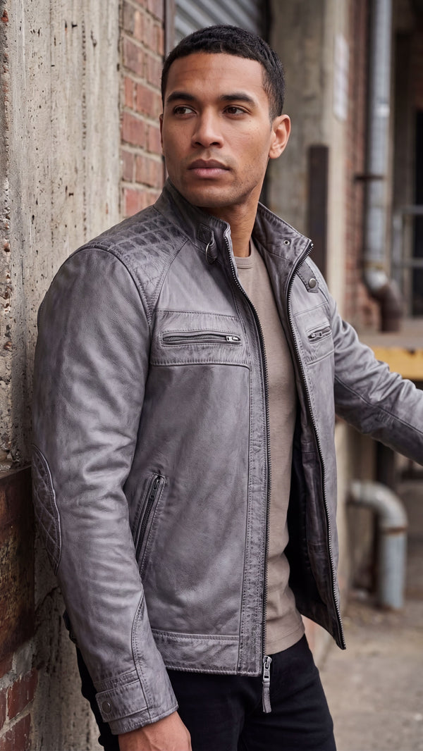 Men's Cafe Racer Waxed Lambskin Distressed Grey Motorcycle Leather Jacket - lifestyle image