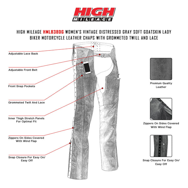 High Mileage Womens Vintage Distressed Gray Soft Goatskin Lady Biker Motorcycle Leather Chaps with Grommeted Twill and Lace