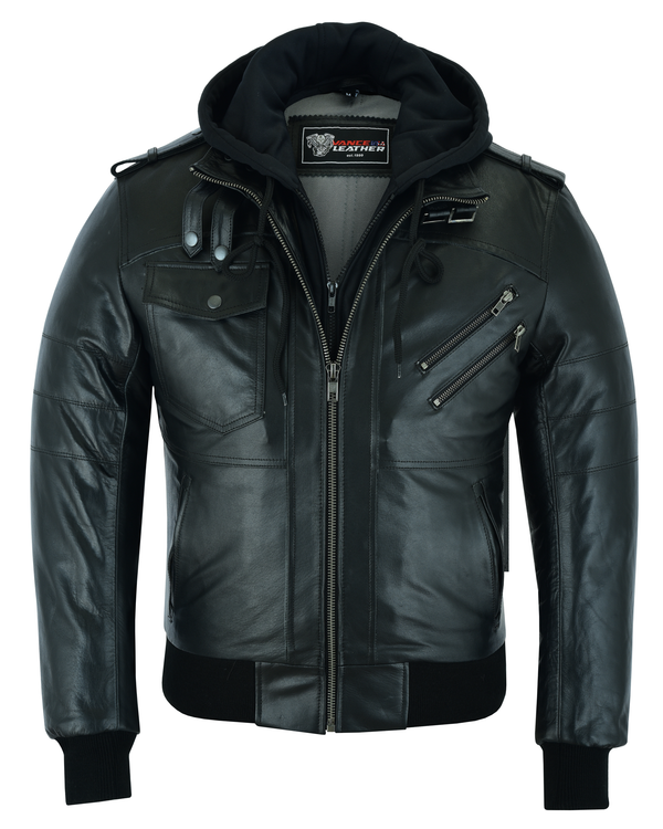 VL551B Vance Leathers' Men's Sven Bomber Black Waxed Premium Cowhide Motorcycle Leather Jacket with Removeable Hood - main