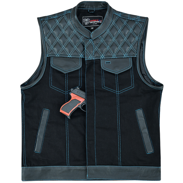 Men's Denim & Leather Motorcycle Vest with Conceal Carry Pockets and Blue Stitching