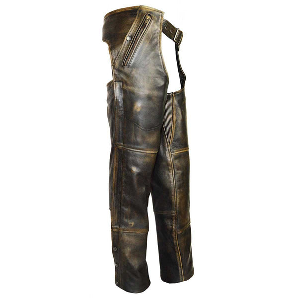 High Mileage Premium Cowhide Vintage Distressed Brown Jean Style Leather Motorcycle Chaps Unisex