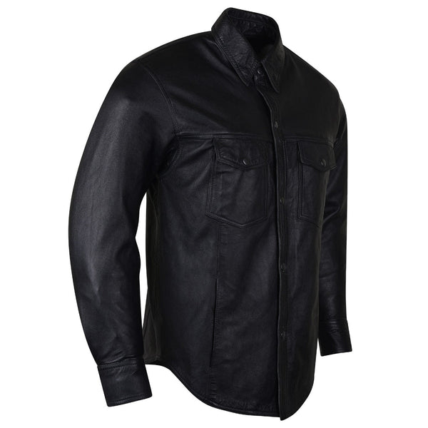 High Mileage Mens Concealed Carry Black Premium Cowhide Biker Motorcycle Leather Shirt