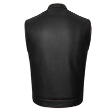 Men's Zipper and Snap Closure Collarless Leather Club Vest with American Flag Liner and Red Stitching