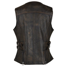 Womens Distressed Brown Premium Cowhide Biker Motorcycle Leather Vest With Buckles