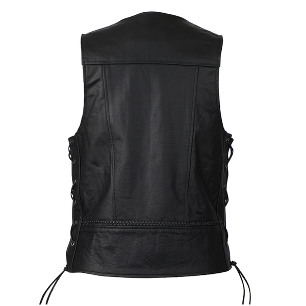 High Mileage Men's Black Straight Bottom Motorcycle Leather Vest With Buffalo Nickel Snaps