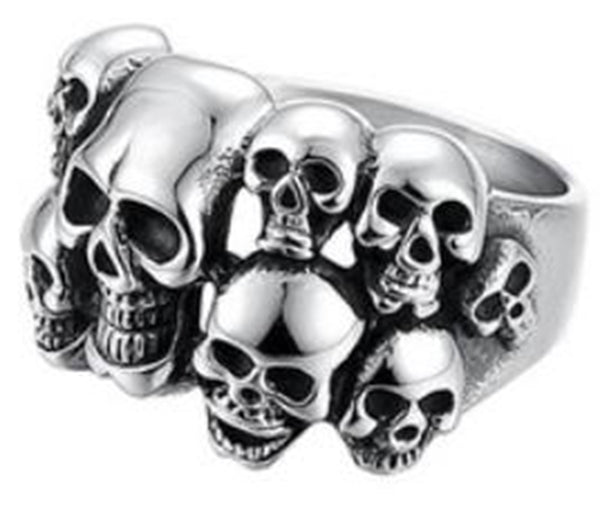 Stainless Steel Multi-Skull Face Biker Ring