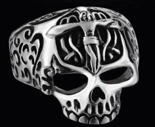 Stainless Steel Jesus Cross Skull Biker Ring