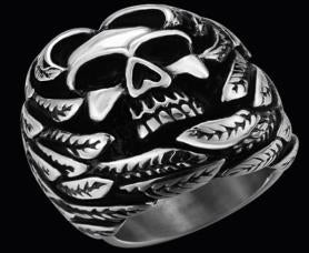 Stainless Steel Feather Face Skull Biker Ring