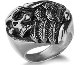 Stainless Steel Feather Wings Skull Biker Ring