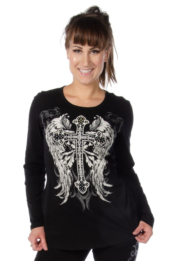 Long Sleeve V-Neck Shirt with Cross and Wings