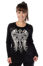 Long Sleeve V-Neck Shirt with Cross and Wings