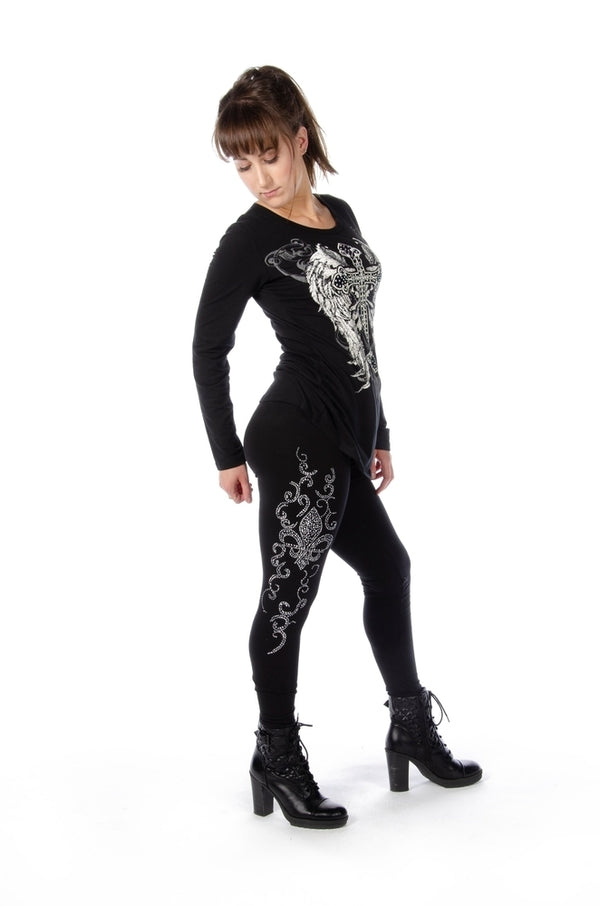 Long Sleeve V-Neck Shirt with Cross and Wings