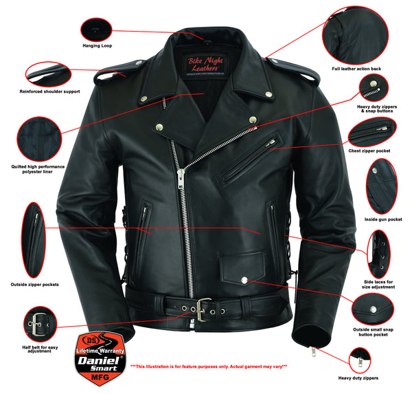 DS711 Economy Motorcycle Classic Biker Leather Jacket - Side Laces