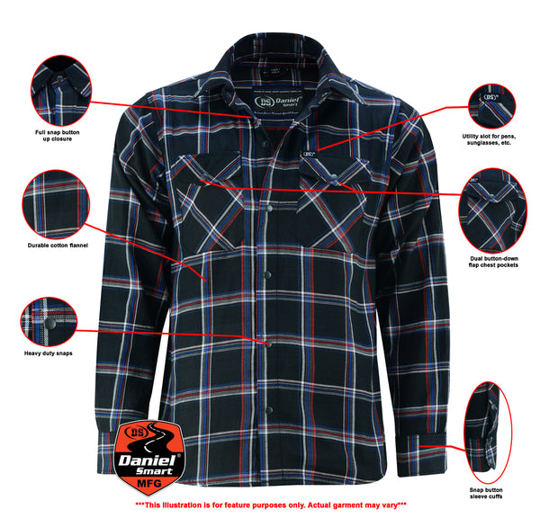 Armored Checkered Flannel Biker Shirt, Multiple Waterproof Storage Pockets CE Armor  - Black, Red and Blue