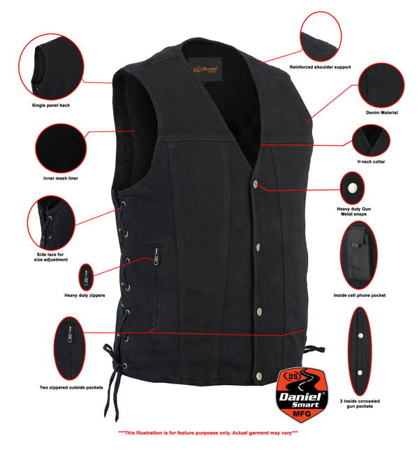 BK Men's Single Back Panel Concealed Carry Denim Vest