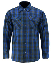 Armored Checkered Flannel Biker Shirt, Multiple Waterproof Storage Pockets CE Armor - - Daze Blue and Black