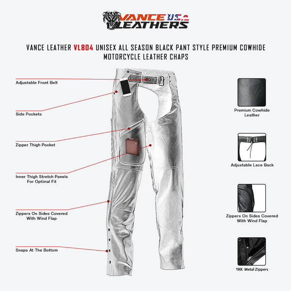 VL804 Pant Style Zipper Pocket Naked Cowhide Leather Chaps infographic