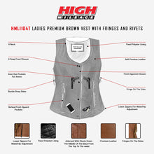 HML1104T Ladies Premium Brown Vest with Fringes and Rivets infographic